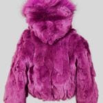 Soft purple fur outerwear for child with hood backside view