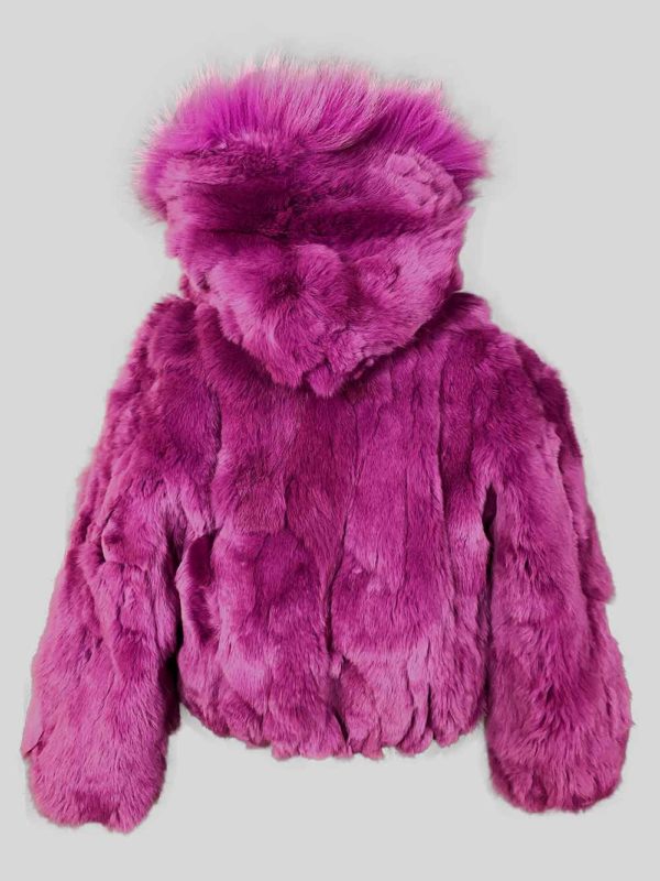 Soft purple fur outerwear for child with hood backside view