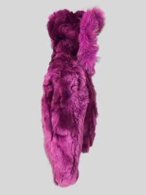 Soft purple fur outerwear for child with hood side view