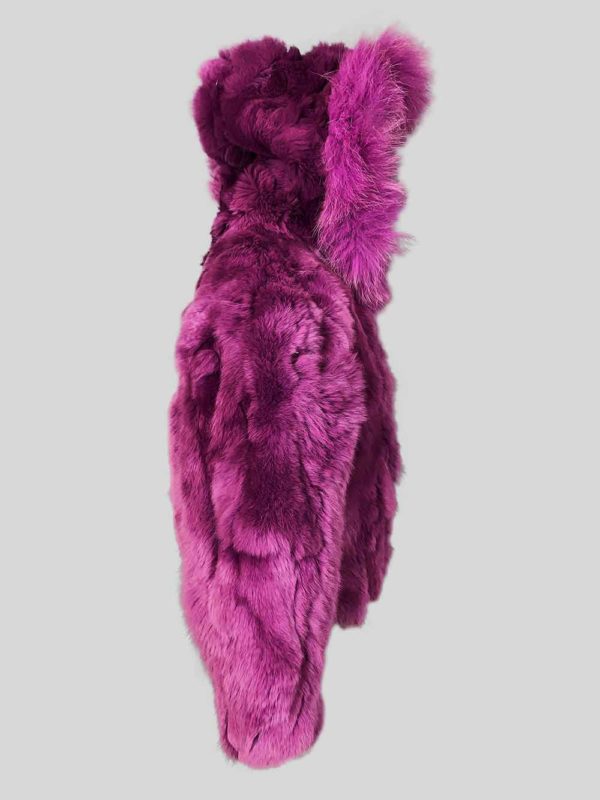 Soft purple fur outerwear for child with hood side view