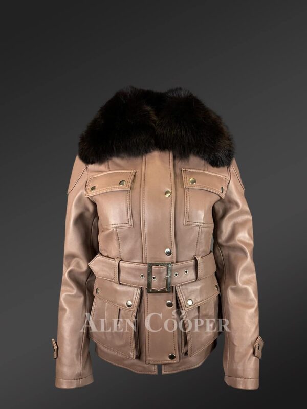 Tan Colored Real Leather Jacket With Fox Fur Collar New view