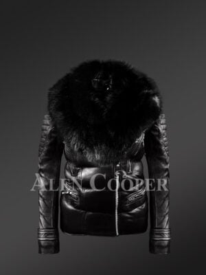 Womens Quilted Black Motorcycle Biker Jacket With detachable Black Fox Fur Collar