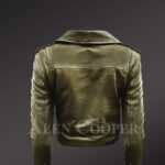 Women's Short Length Moto Jacket in Olive - Alen Cooper back side view