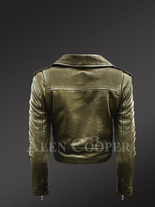 Women's Short Length Moto Jacket in Olive - Alen Cooper back side view