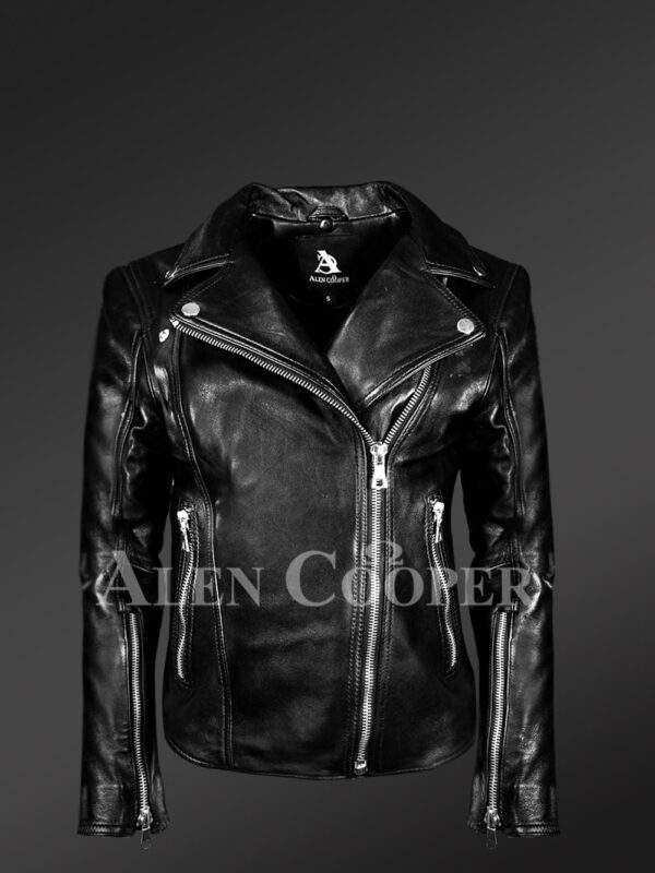 Women’s Leather Motorcycle Jacket in Black New view