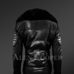 Women’s Quilted Black Motorcycle Biker Jacket With detachable Black Fox Fur Collar back side view