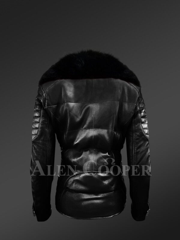 Women’s Quilted Black Motorcycle Biker Jacket With detachable Black Fox Fur Collar back side view