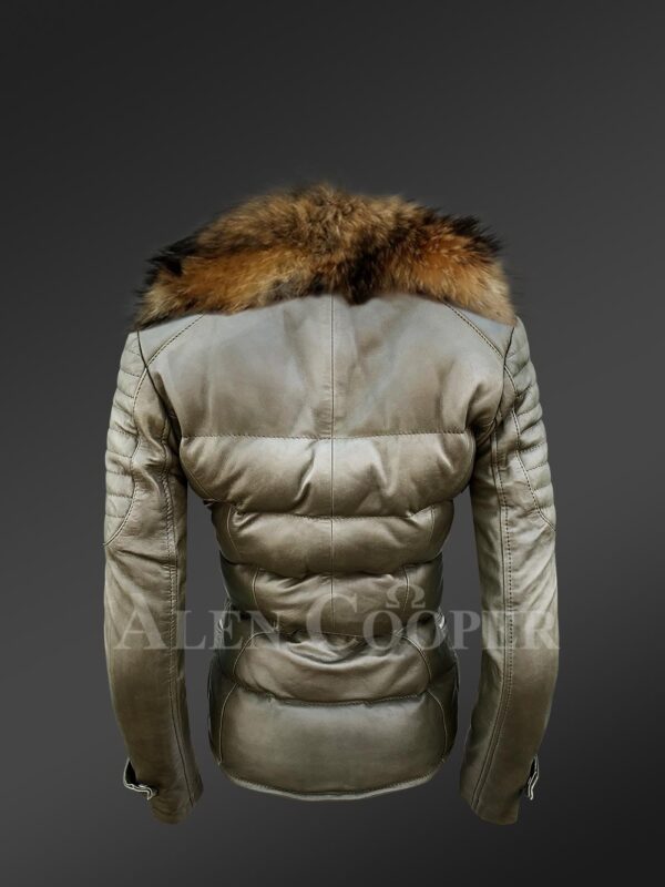 Mid-length puffy leather jacket with detachable raccoon fur collar in Olive new side Back view