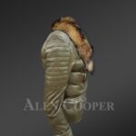Mid-length puffy leather jacket with detachable raccoon fur collar in Olive new side view