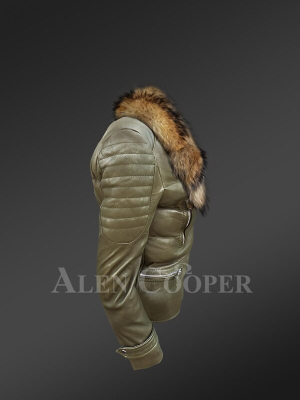 Mid-length puffy leather jacket with detachable raccoon fur collar in Olive new side view