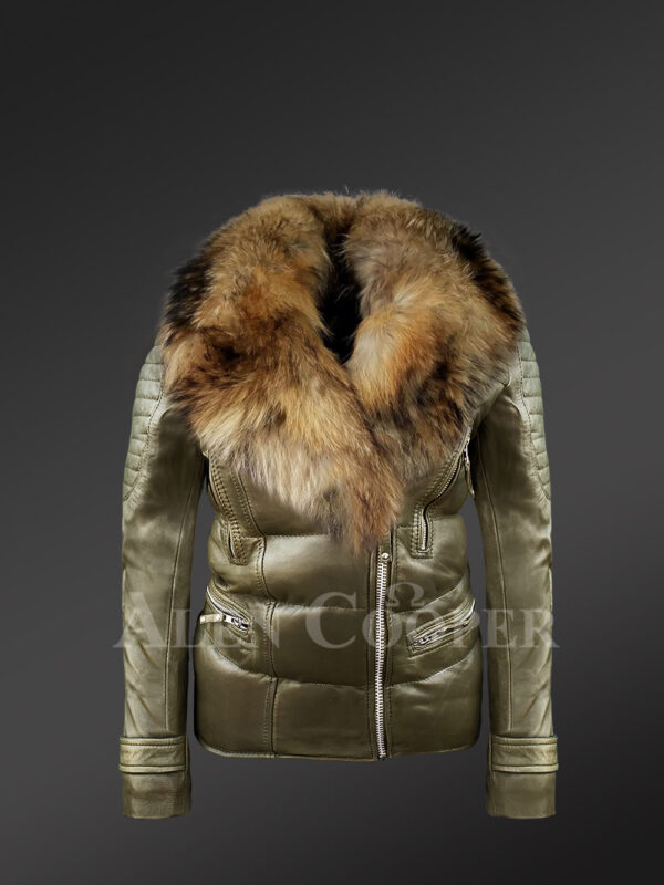 Mid-length puffy leather jacket with detachable raccoon fur collar in Olive new view