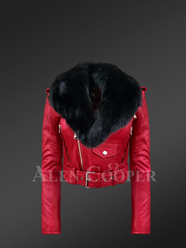 New Detachable real fox fur collar Moto leather jacket in red