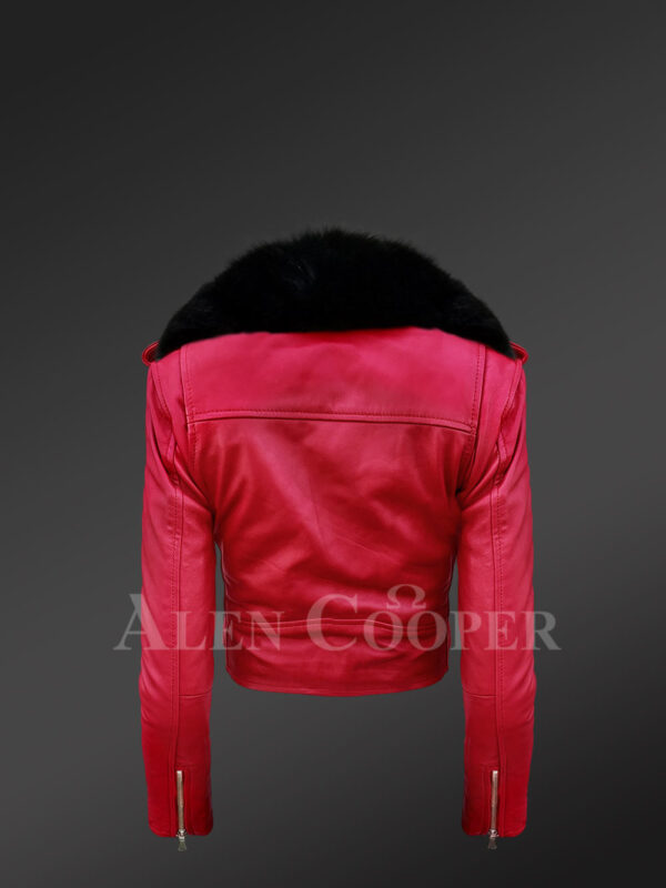 New Detachable real fox fur collar Moto leather jacket in red back side view