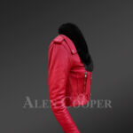 New Detachable real fox fur collar Moto leather jacket in red side view