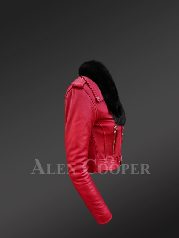 New Detachable real fox fur collar Moto leather jacket in red side view
