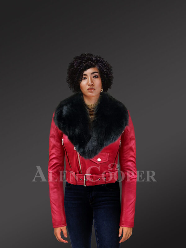 New Detachable real fox fur collar Moto leather jacket in red with Model