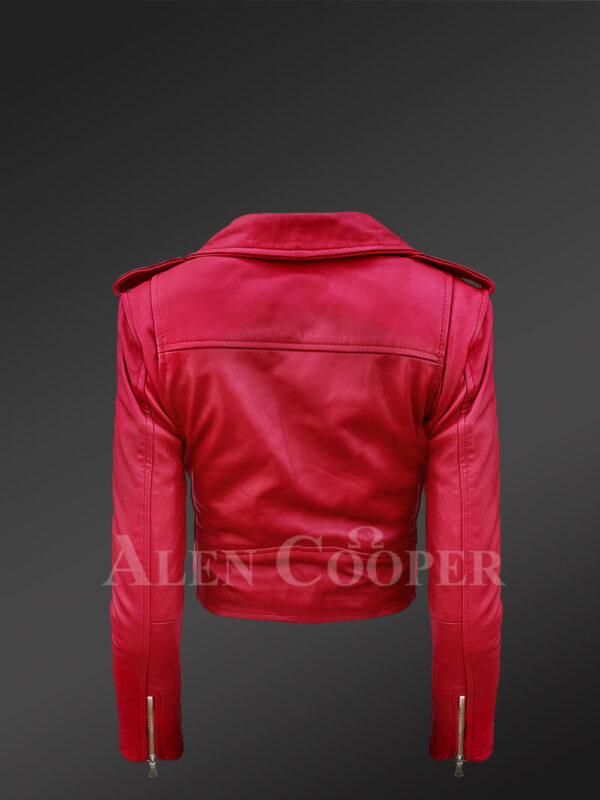 Real leather double-breasted Moto biker jacket for women in Red New Back side view