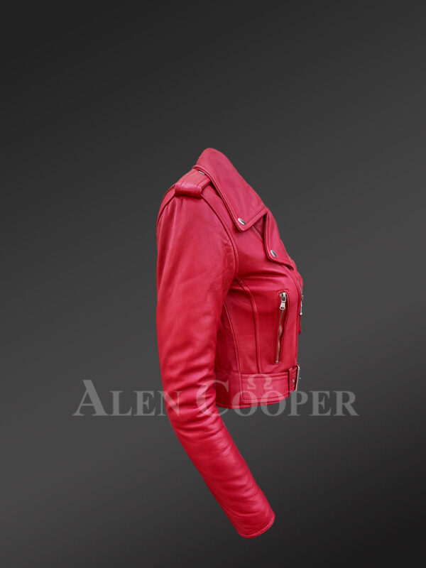 Real leather double-breasted Moto biker jacket for women in Red New side view