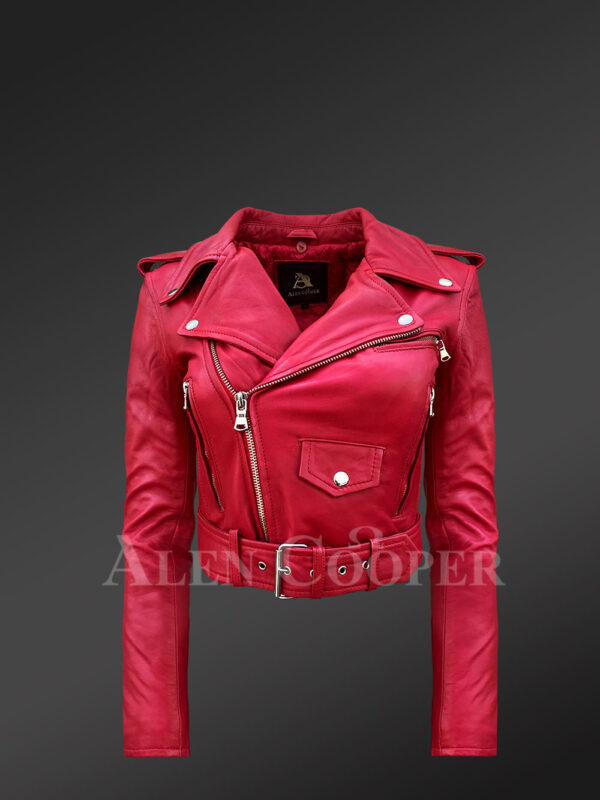 Real leather double-breasted Moto biker jacket for women in Red new