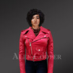 Real leather double-breasted Moto biker jacket for women in Red new with Model