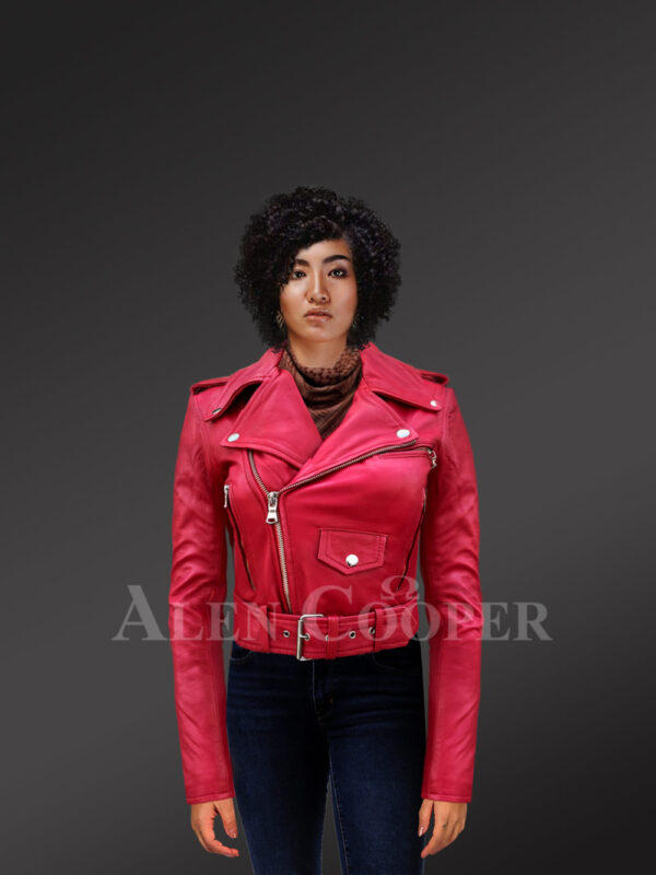 Real leather double-breasted Moto biker jacket for women in Red new with Model
