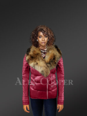 Women's Puffy Motorcycle Jacket With Fur in Wine new
