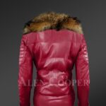 Women's Puffy Motorcycle Jacket With Fur in Wine new side back view