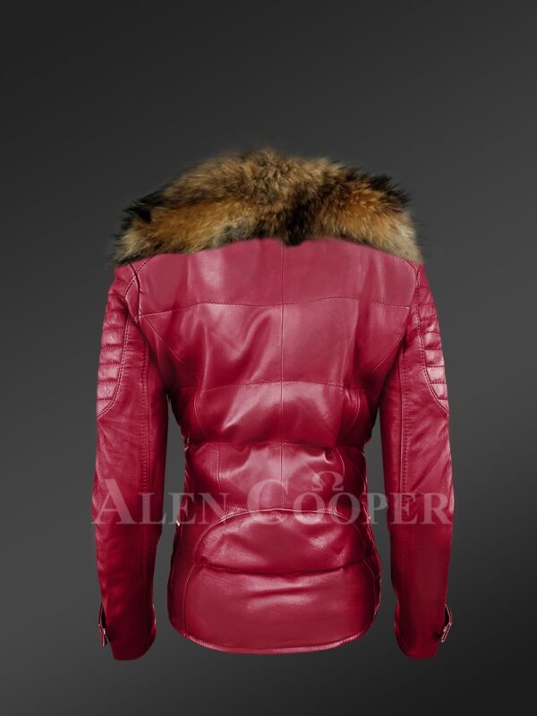 Women's Puffy Motorcycle Jacket With Fur in Wine new side back view