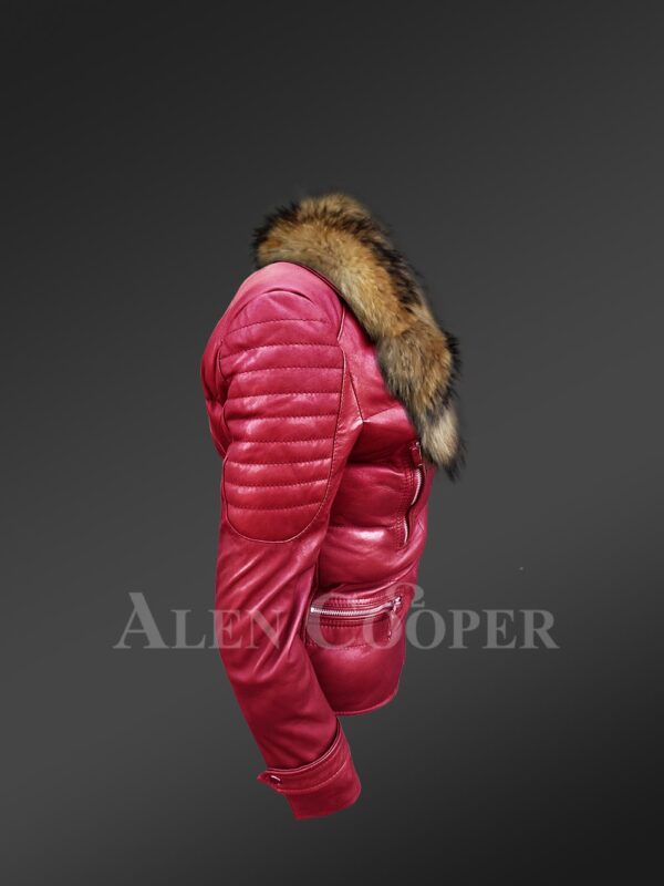 Women's Puffy Motorcycle Jacket With Fur in Wine new side view