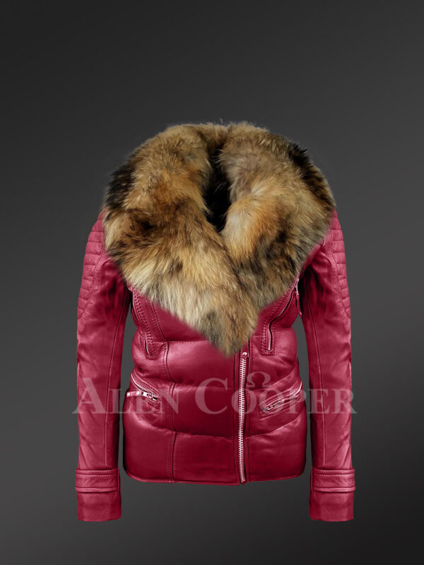 Women's Puffy Motorcycle Jacket With Fur in Wine new view