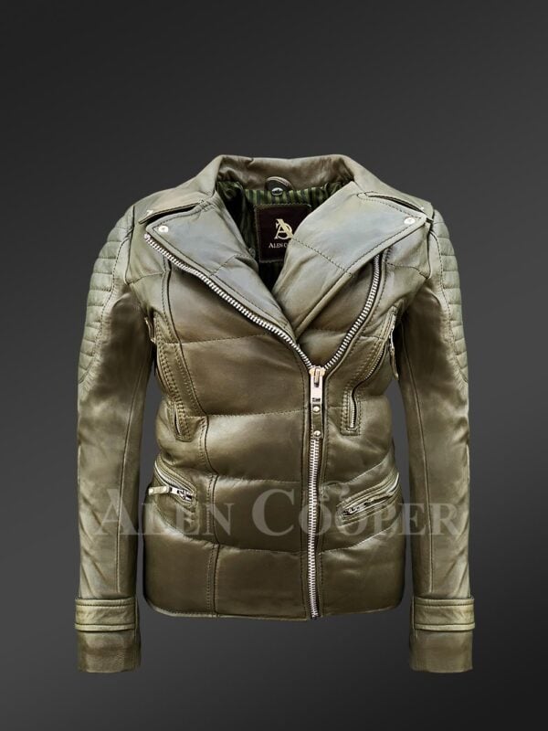 Womens Puffy Motorcycle Jacket in Olive - Alen Cooper
