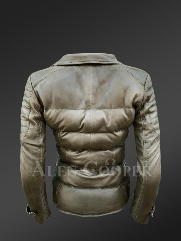 Women's Puffy Motorcycle Jacket in Olive - Alen Cooper back side view