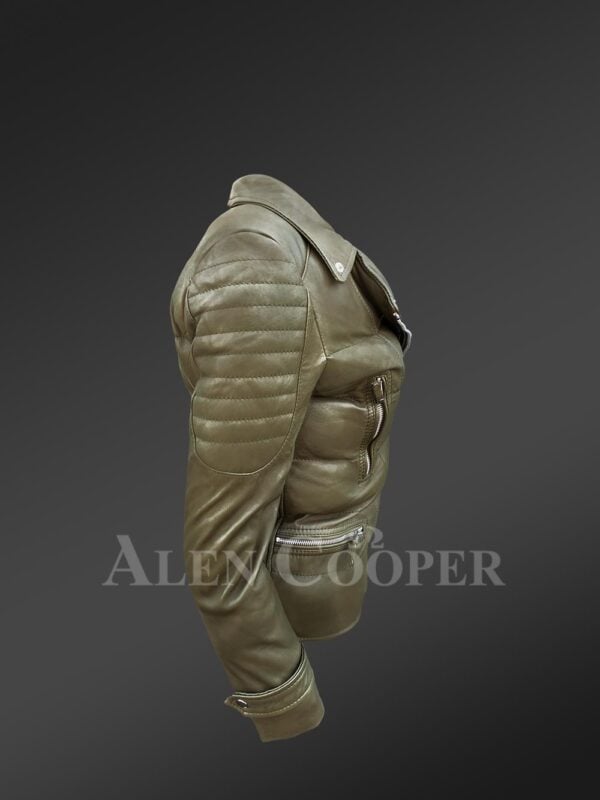 Women's Puffy Motorcycle Jacket in Olive - Alen Cooper side view