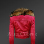 Women's Short Length Moto Jacket With Fur in Burnt Red New Back side view