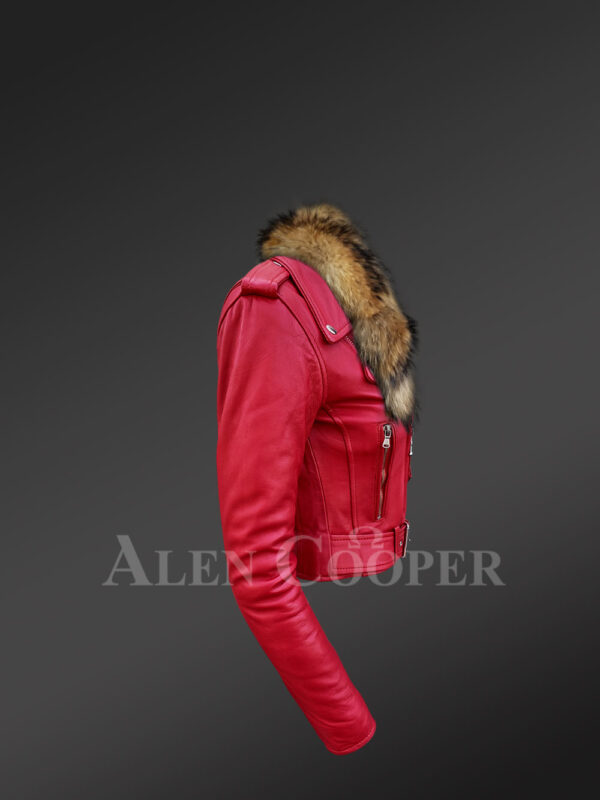 Women's Short Length Moto Jacket With Fur in Burnt Red New side view