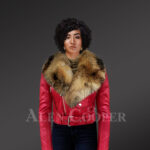 Women's Short Length Moto Jacket With Fur in Burnt Red New with Model