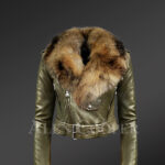 Women's Short Length Moto Jacket with Fur in Olive new