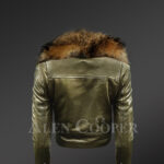 Women's Short Length Moto Jacket with Fur in Olive new Back side view