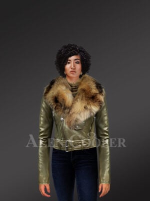 Women's Short Length Moto Jacket with Fur in Olive new with Model