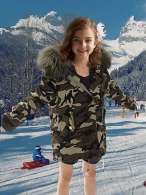 Army green kid’s parka with raccoon fur hood for kids