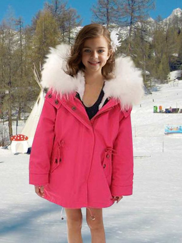 Beautiful kid’s parka with fur hood in punch pink