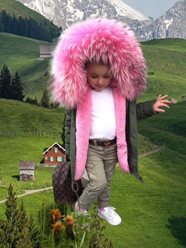 Beautiful parka jacket with voluminous pink fur hood for kids