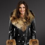 Motorcycle Biker Jacket with Detachable Raccoon Fur Collar and Piped Sleeves in Black Women