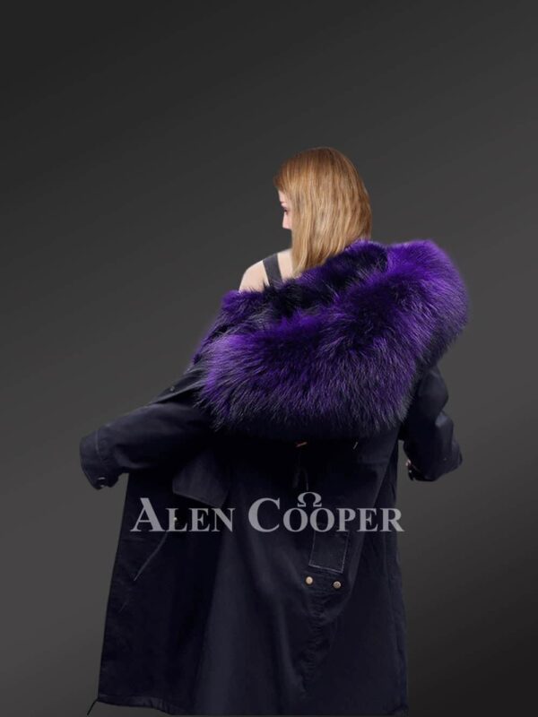 Stunning long black parka with voluminous purple hood for women new back view