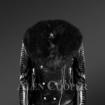 Women's Motorcycle Biker Jacket with Detachable Fox Fur Collar And Piped Sleeves in Black new