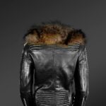 Women's Motorcycle Biker Jacket with Detachable Raccoon Fur Collar and Piped Sleeves in Black Back views