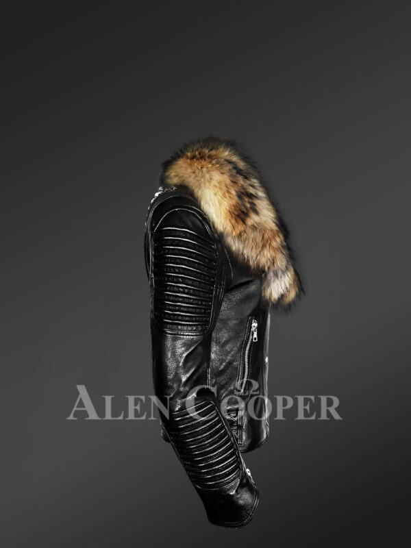 Women's Motorcycle Biker Jacket with Detachable Raccoon Fur Collar and Piped Sleeves in Black new side views
