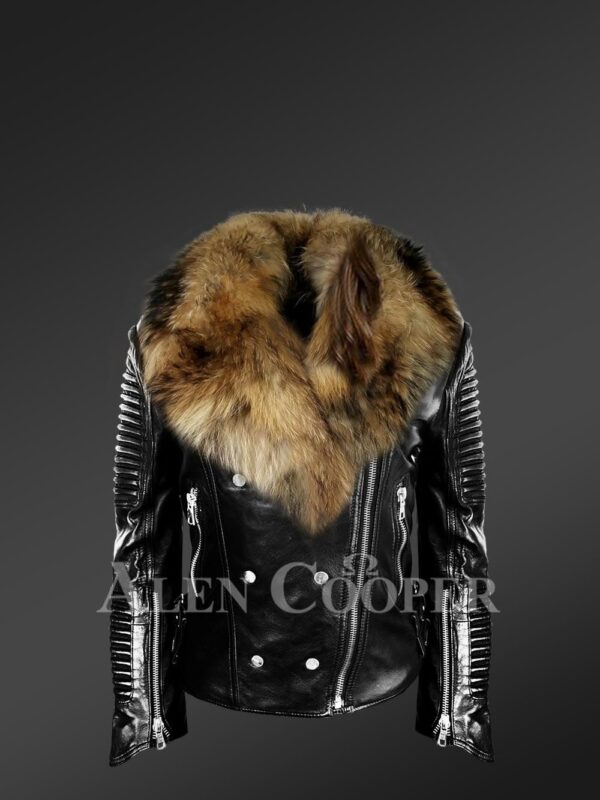 Women's Motorcycle Biker Jacket with Detachable Raccoon Fur Collar and Piped Sleeves in Black new views