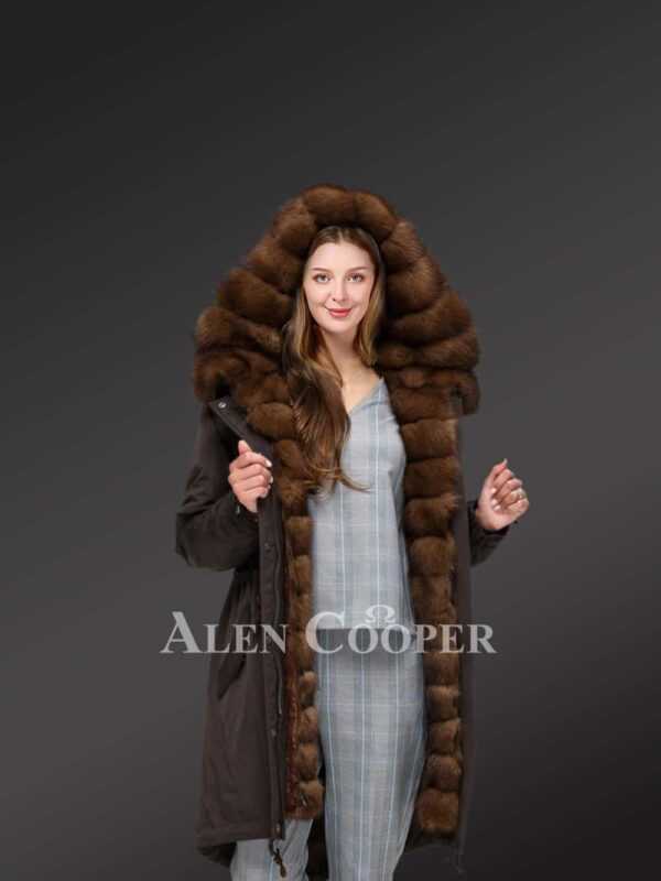 Women’s Winter Long Black Parka With Fox Fur Trim Hood new
