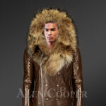Men’s coffee biker leather jacket with detachable raccoon fur collar and zippered fur hood with Model new